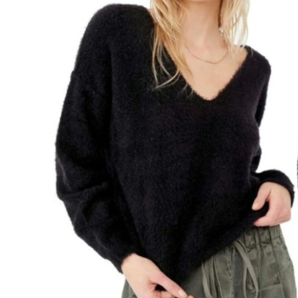Free People Black Slouchy Relaxed Princess V-Neck Sweater Cozy Minimalist